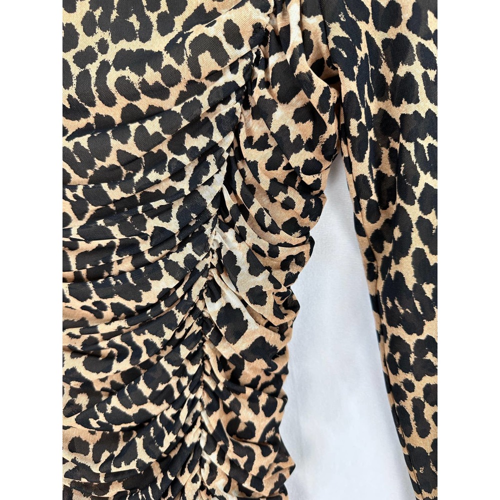 GANNI Midi Dress Ruched Leopard Print Stretch Mesh Long Sleeve size 36 / US 4 - Picture 6 of 8